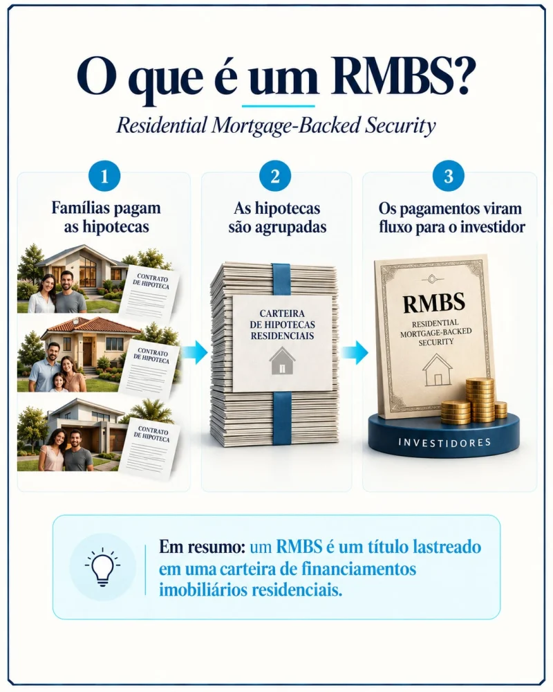 Infográfico: o que é um RMBS — famílias pagam as hipotecas, as hipotecas são agrupadas, os pagamentos viram fluxo para o investidor