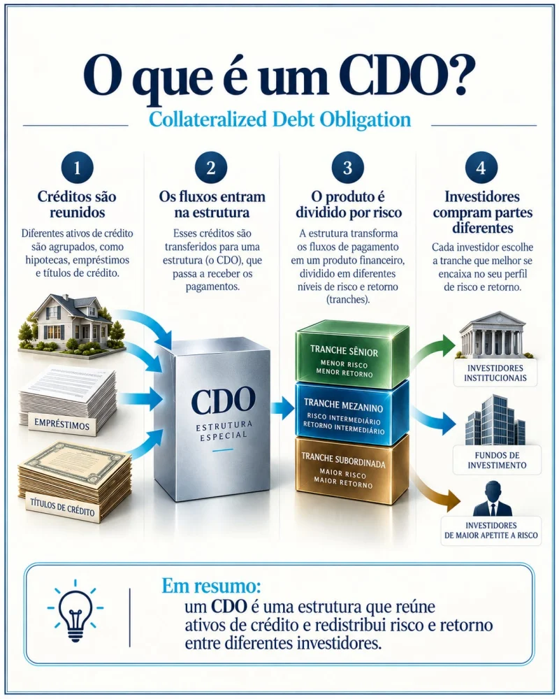 Infográfico: o que é um CDO — créditos são reunidos, os fluxos entram na estrutura, o produto é dividido por risco em tranches e investidores compram partes diferentes