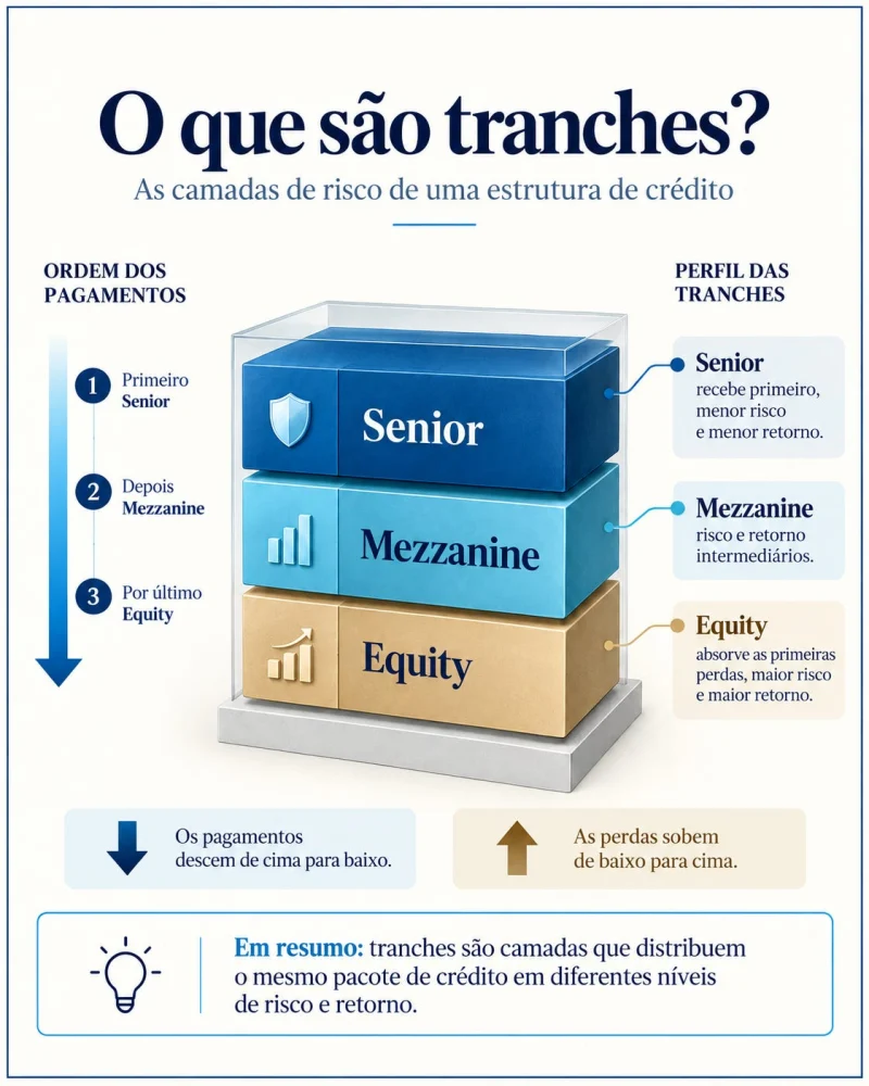 Infográfico: o que são tranches — sênior, mezzanine e equity, a ordem dos pagamentos e a ordem das perdas